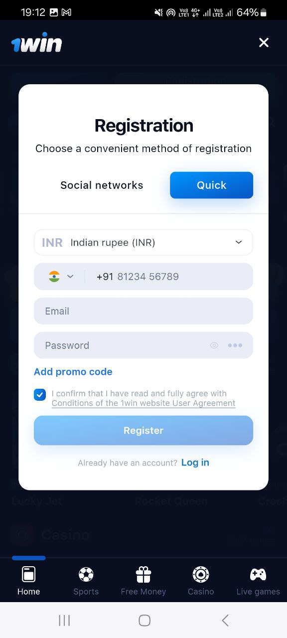 Registration via the 1win mobile app