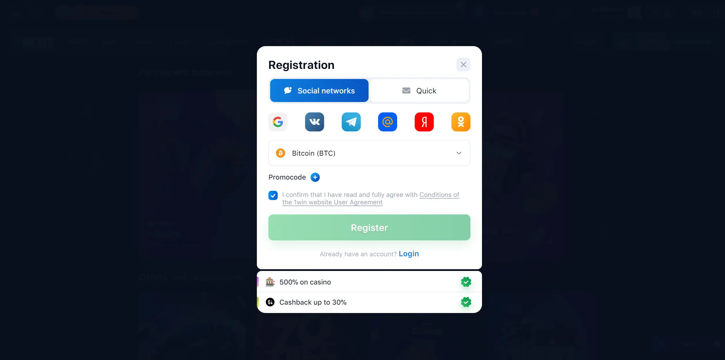 Guide to registering via social networks in 1Win