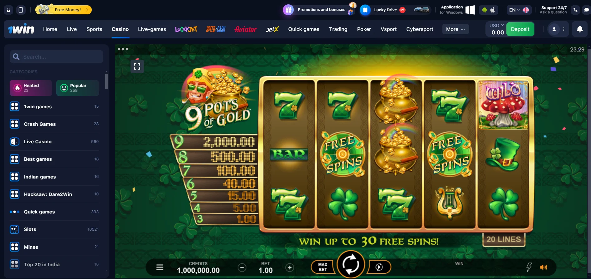 9 Pots Of Gold at 1win 