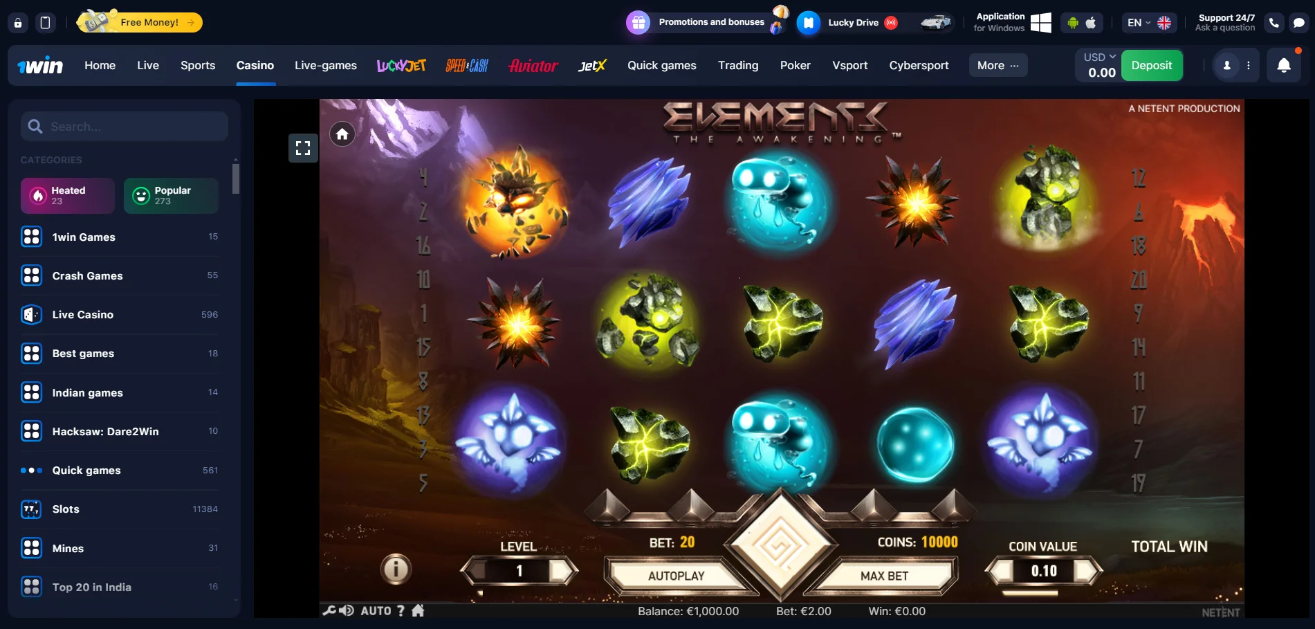 Elements The Awakening at 1win
