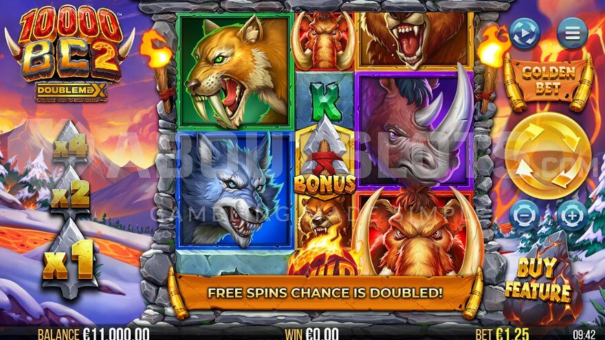 Slot game in a wild landscape with snow and lava.