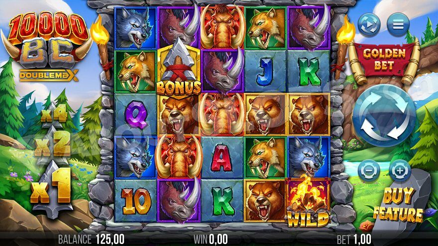 Slot machine with five reels and animal symbols.