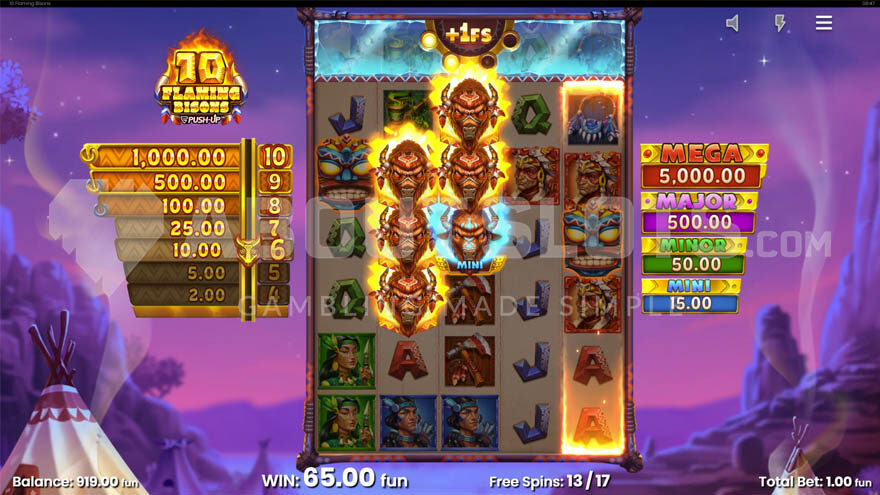 Free spins bonus game featuring six flaming bison on the reels.
