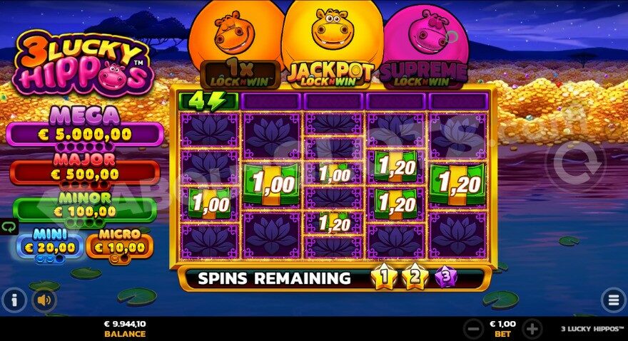 Jackpot feature in the Lock N' Win slot with piles of gold in the background.