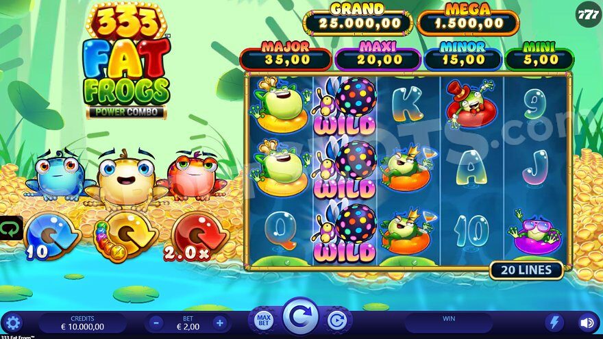 Slot machine with three frogs sitting on gold coins on the side.