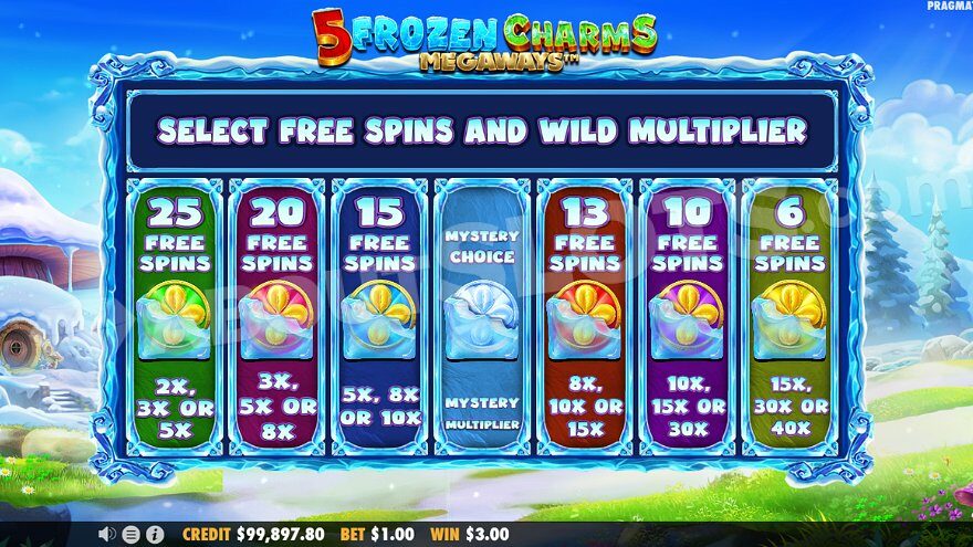 Free Spins selection menu in 5 Frozen Charms Megaways slot