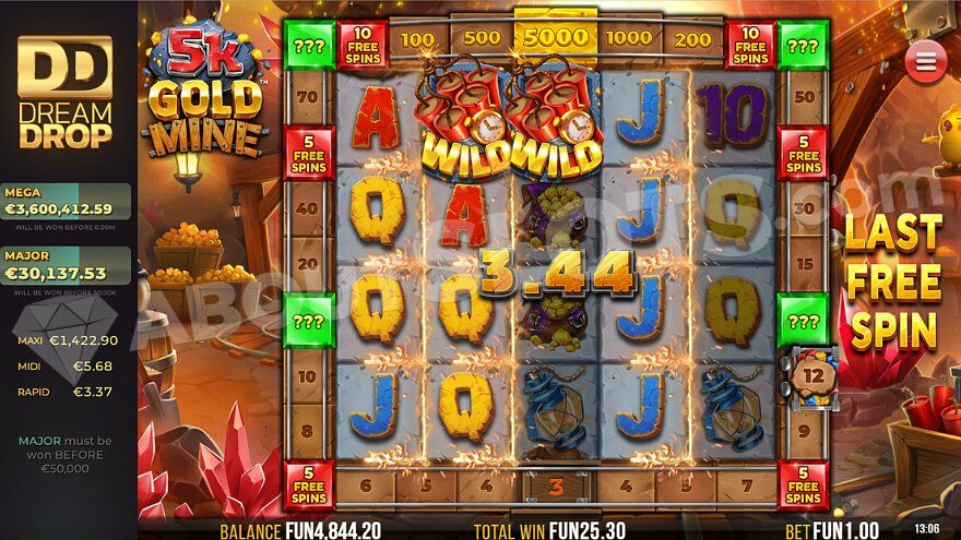 A win of €3.44 during the last free spin.