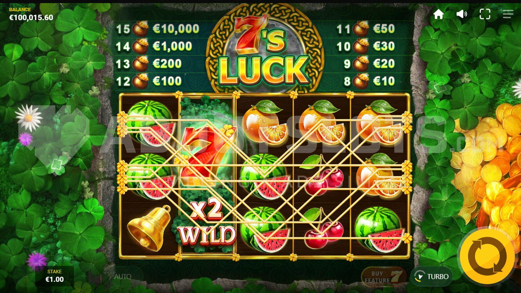 Winning combination with stacked Wild symbols on the second reel.