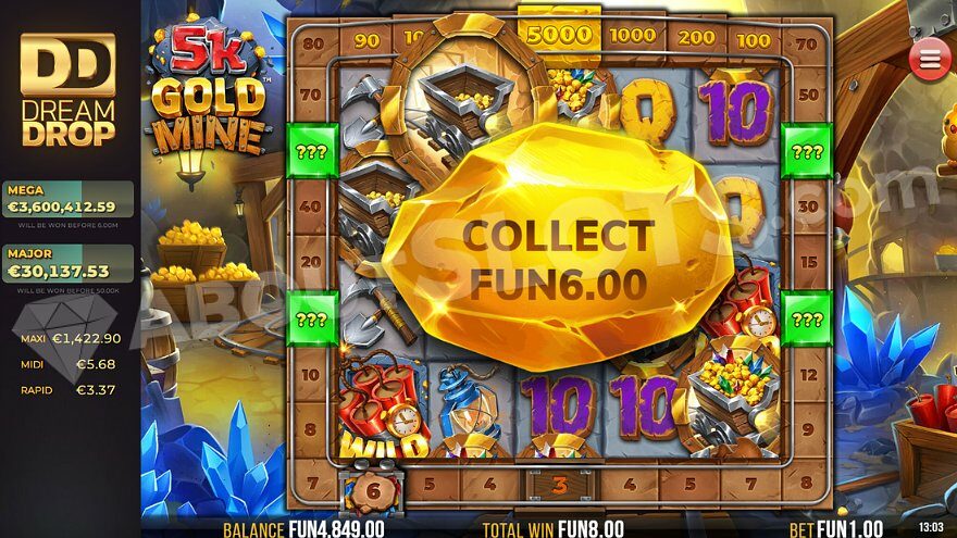 A golden nugget awards a 6X bet win on the Gold Rush Trail.