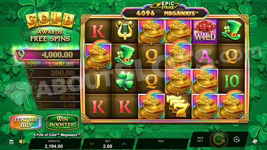 Nine pots of gold on the reels award the maximum Epic Strike prize of 2000x the bet.