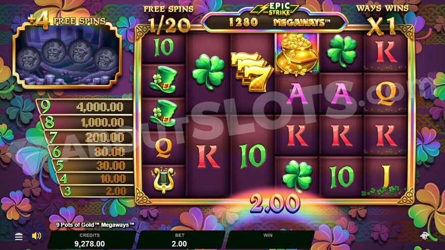 Win of €2 on the first of 20 free spins.