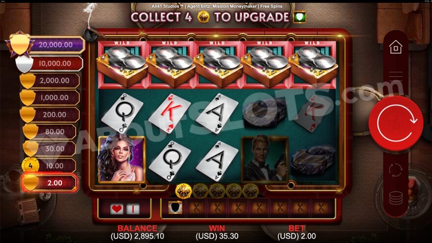 Collecting chip symbols into a meter, where the meter is shown to the left with a potential 10000X win.