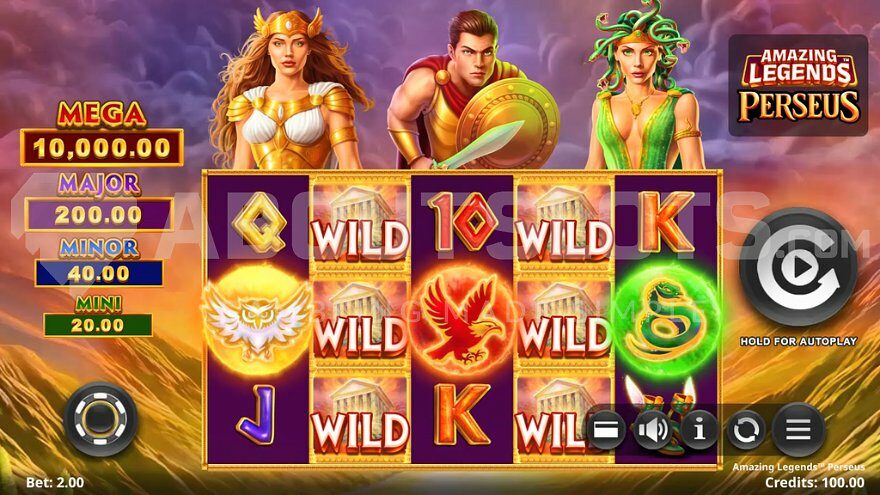 Perseus, Athena, and Medusa symbols above the reels in the Amazing Legends Perseus slot base game.