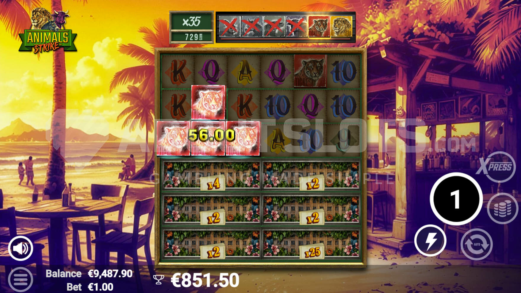 Free spins bonus in progress, showing an accumulated multiplier of x35 and 4 out of 6 premium symbols crossed out.