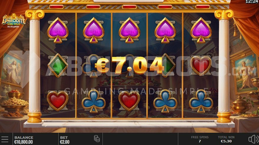 Winning combination of five spades in the top row during free spins.