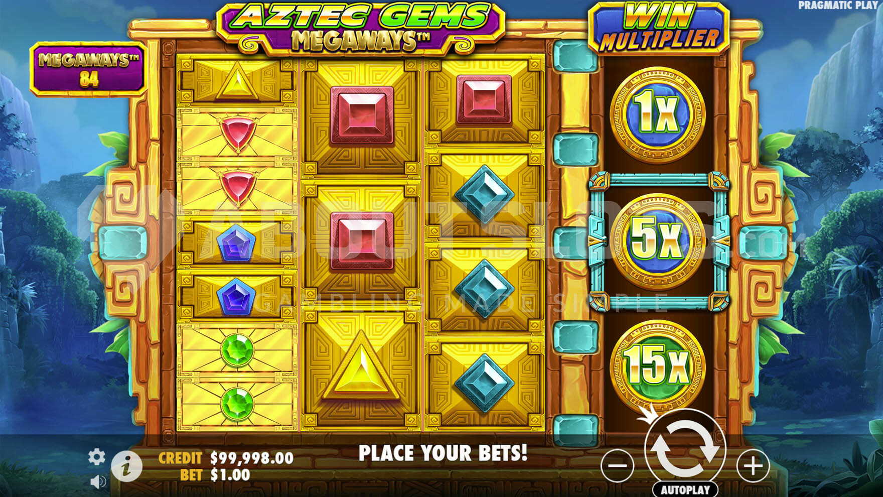 Base game view showing a 3-reel grid with varying symbols per reel and an extra reel for multipliers.