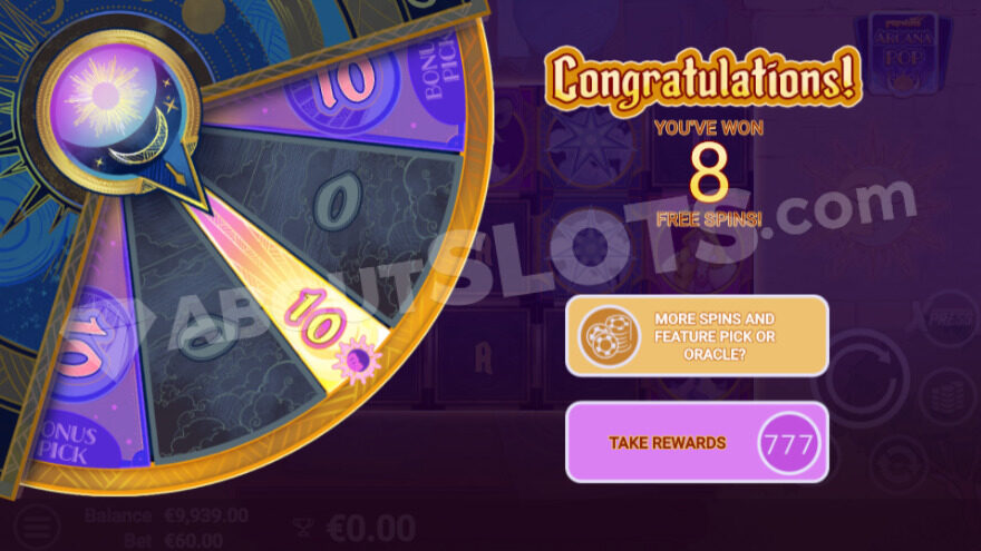 Entering free spins with the gamble wheel feature available.