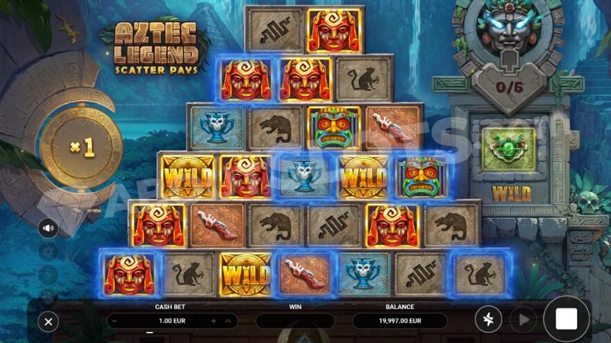 Base game with Wild symbols on the reels and a 1X multiplier on the left.