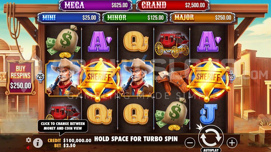 Wild West themed slot machine in base game