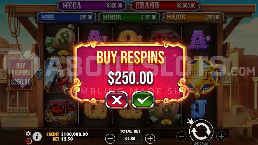 Screenshot showing the feature buy option for the respin feature at 100x bet