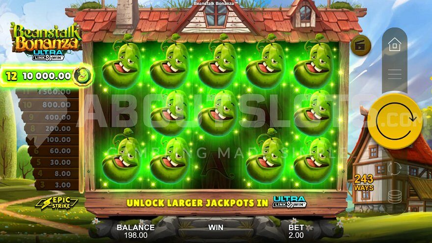 12 Green Bean symbols on the reels awarding a win of 5,000x bet.