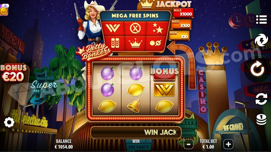 Nighttime Las Vegas strip with a three-reel slot machine in the game's center.