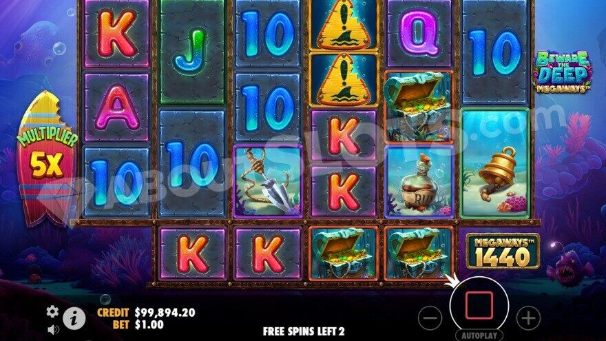 Deep Free Spins feature with a 5X multiplier on the left.