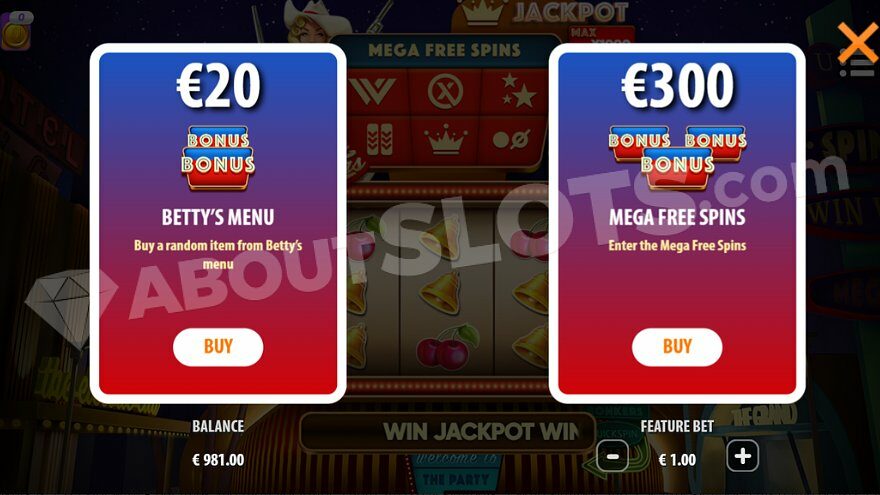 Two buttons indicate the option to buy the Betty Menu for 20x the stake or Mega Free Spins for 300x the stake.