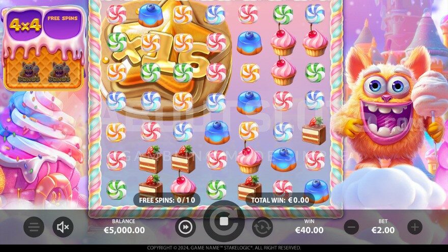Bonus game with free spins and the fluffy monster on the right.