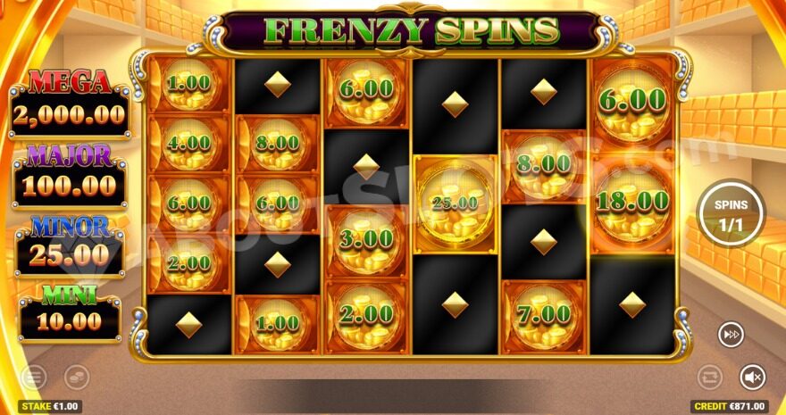 Frenzy Spins feature with gold bars in the background.