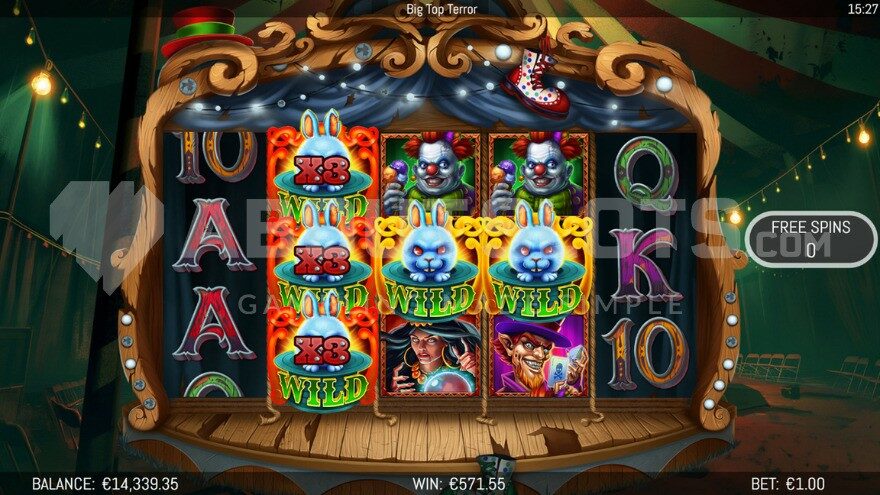 Free Spins Bonus game with five wild symbols on the reels.