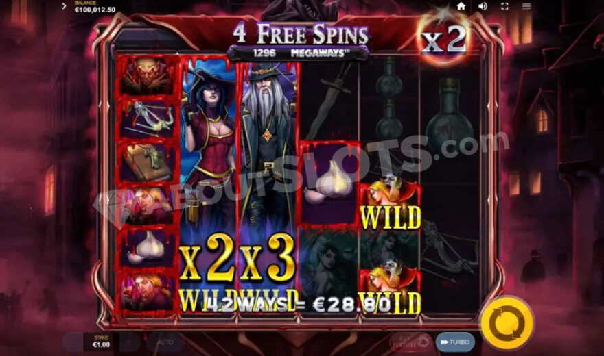 A win during free spins mode, with blood-red framing around the winning symbols.