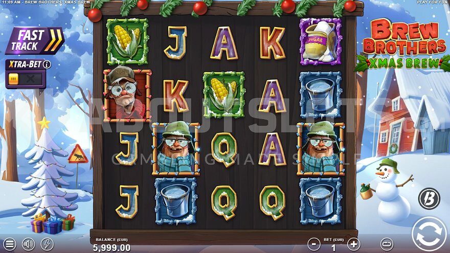 Brew Brothers Xmas Brew slot base game in a snowy winter landscape.