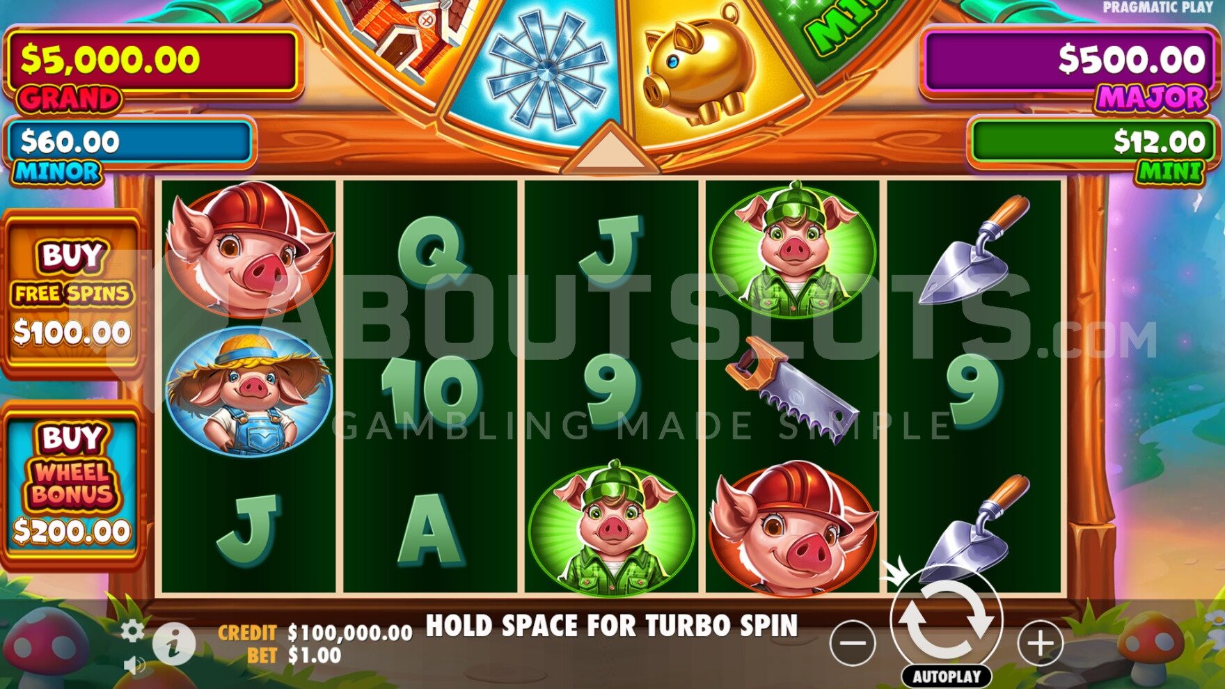 Game field with various jackpot symbols, feature buy, and random bonus wheel around the reels