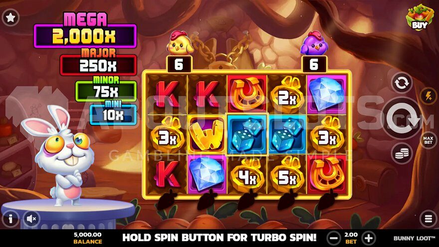 Bunny Loot slot base game with a white rabbit beside the reels.