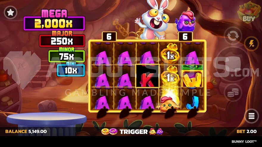 Bert feature in Bunny Loot slot showing the yellow bird leaving coins on the fourth reel.