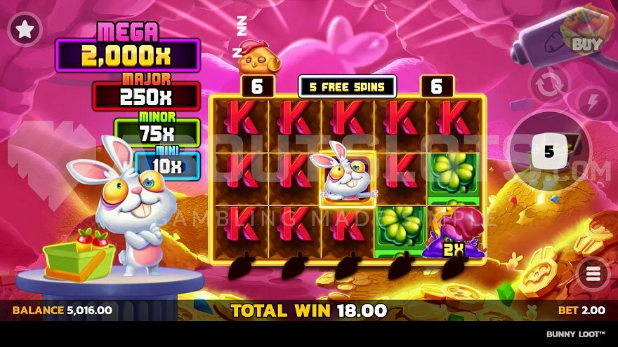 Elma free spins in Bunny Loot slot with the purple bird in the bottom right corner.