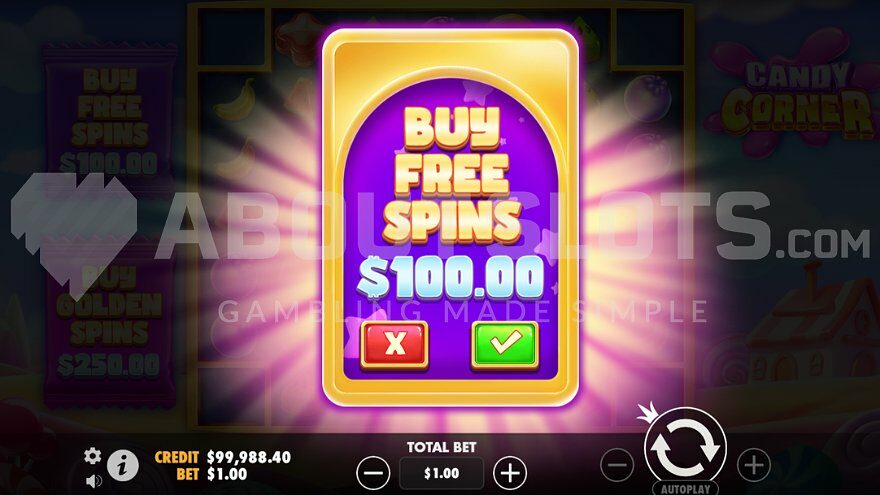 Screen offering Free Spins for 100X the stake.