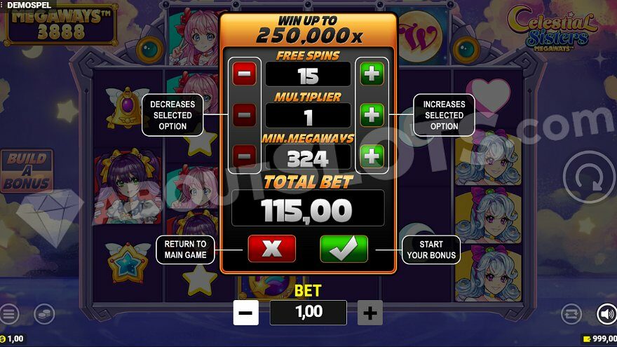 Menu offering free spins, allowing the player to choose the number of spins, starting multiplier and minimum number of ways to win.