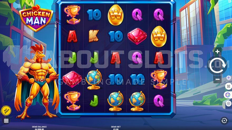 Chicken Man slot base game featuring a superhero chicken.
