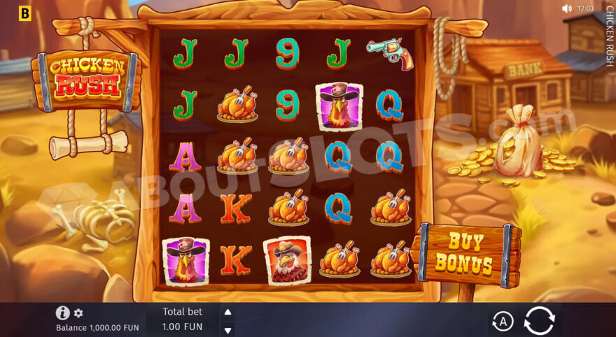 Base game view with the bank on the right side of the reels.