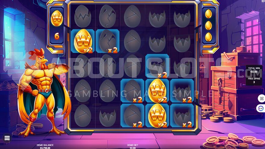Chicken Man bonus game with Wild symbols on reels 1 and 4.