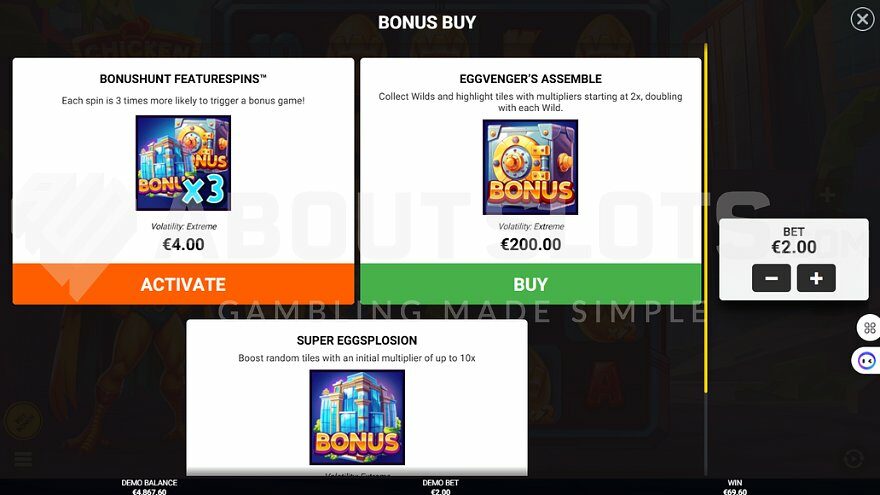 Feature Buy menu offering Eggvengers Assemble for 100X bet and Super Eggsplosion for 200X bet.