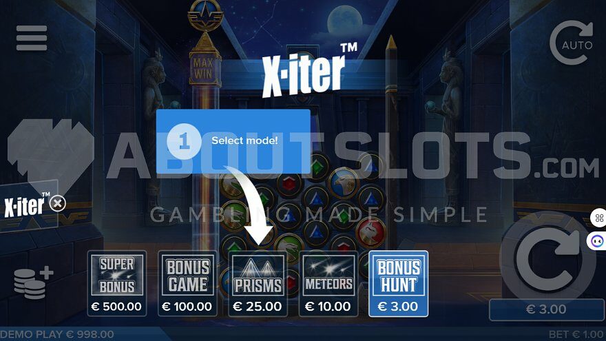 Menu offering various feature buys from 3X to 500X bet.