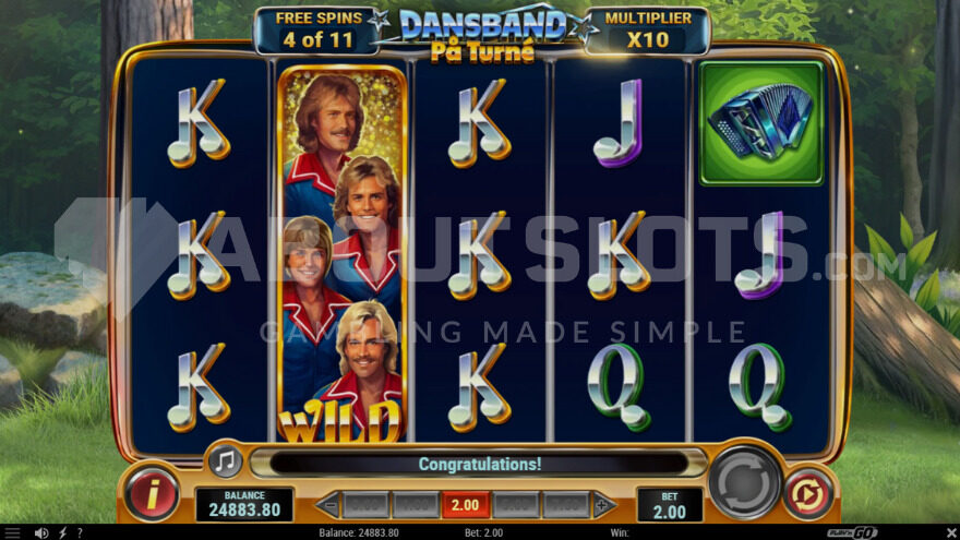 Free spins bonus game where the wild symbol is fully expanded on the second reel.