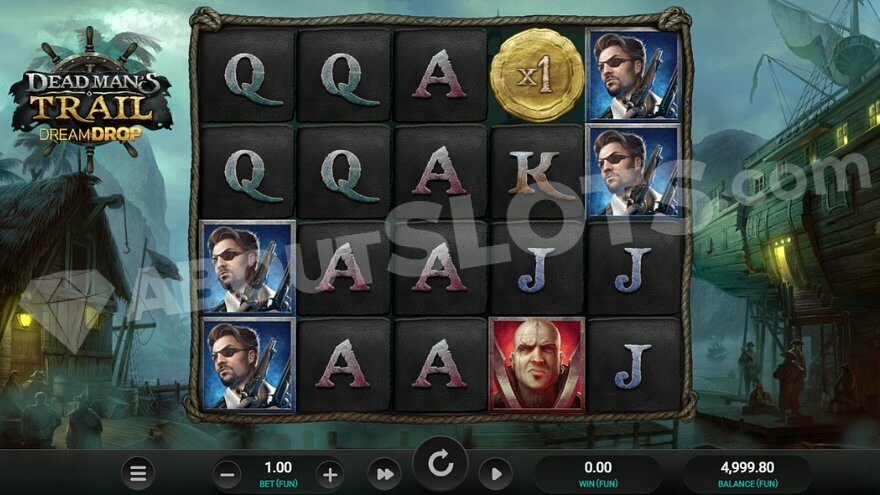 Slot machine with five reels in a misty harbor.