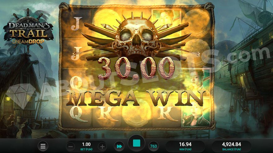 Skull of death above the reels and the inscription: "30.00 Mega win."