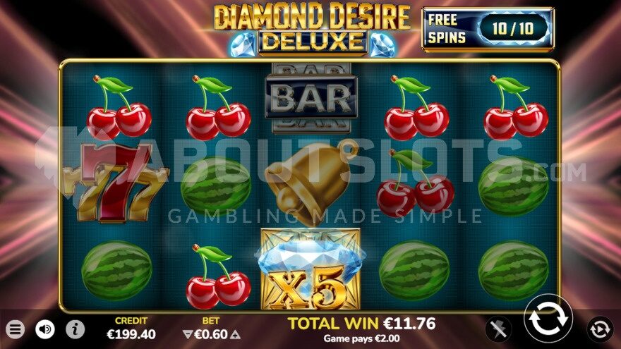 Free spins with a 5X symbol on the middle reel.