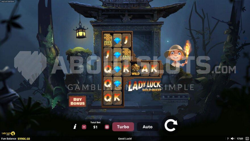 Base game in a dark jungle setting with Lady Luck beside the reels