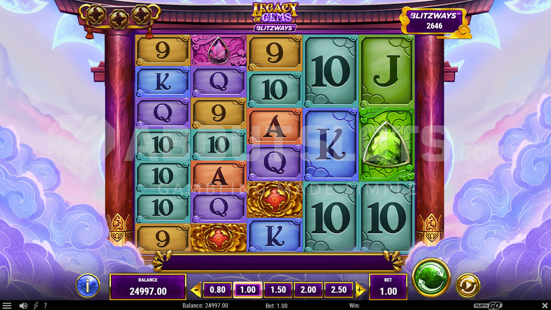 Base game showing a 5-reel grid set within Japanese gates against a cloudy sky.